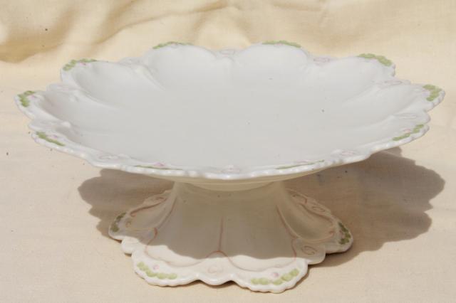 photo of vintage handmade ceramic cake stand, creamy white w/ pastel flowers, petal shape #1