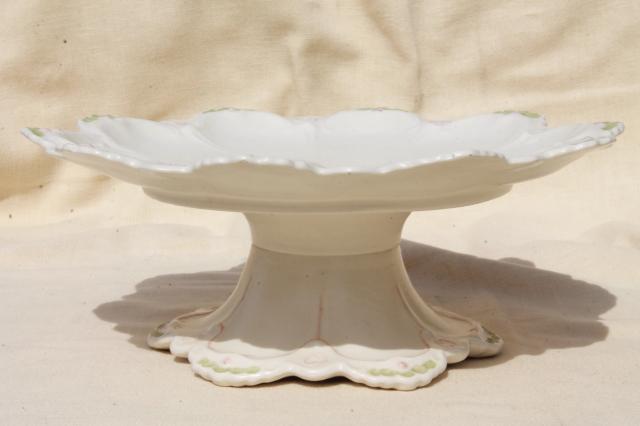 photo of vintage handmade ceramic cake stand, creamy white w/ pastel flowers, petal shape #4