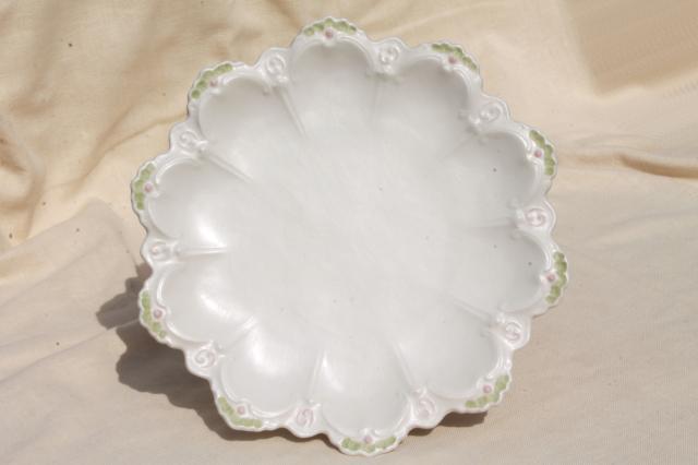 photo of vintage handmade ceramic cake stand, creamy white w/ pastel flowers, petal shape #5