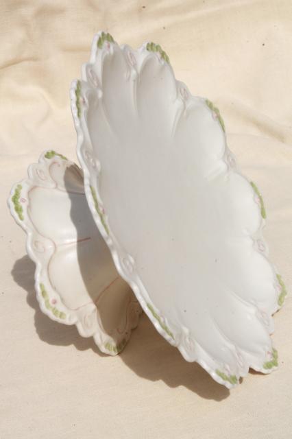 photo of vintage handmade ceramic cake stand, creamy white w/ pastel flowers, petal shape #9