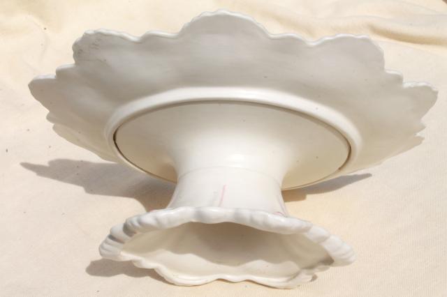 photo of vintage handmade ceramic cake stand, creamy white w/ pastel flowers, petal shape #11