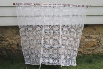 catalog photo of vintage handmade cobweb crochet lace tablecloth, lacy white cotton table cover shawl 