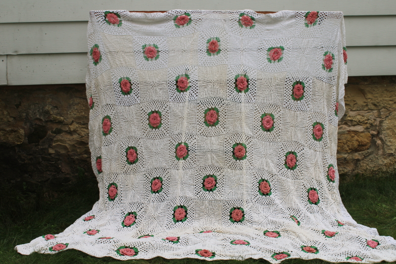 photo of vintage handmade cotton crochet bedspread, shabby browned white lace granny squares pink roses  #1