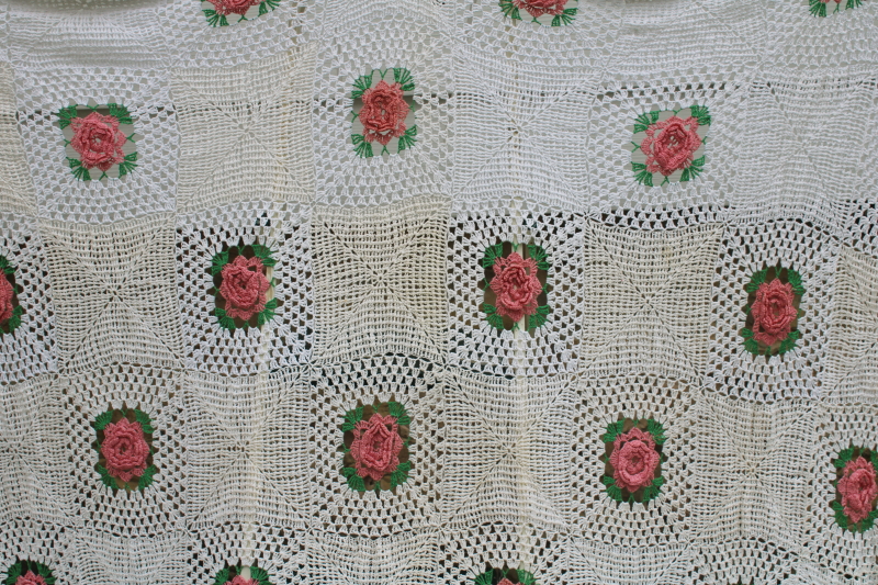 photo of vintage handmade cotton crochet bedspread, shabby browned white lace granny squares pink roses  #2