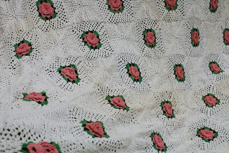 photo of vintage handmade cotton crochet bedspread, shabby browned white lace granny squares pink roses  #3