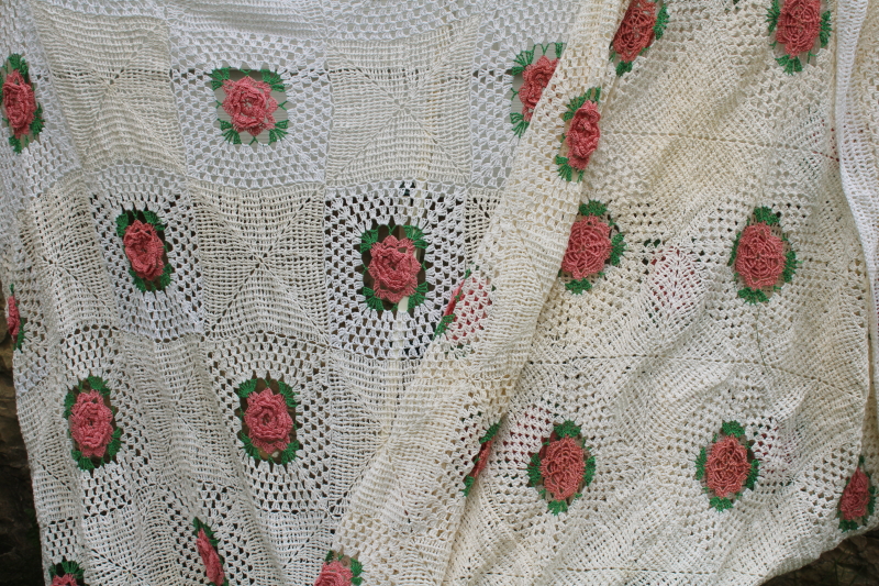 photo of vintage handmade cotton crochet bedspread, shabby browned white lace granny squares pink roses  #5