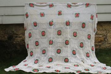 vintage handmade cotton crochet bedspread, shabby browned white lace granny squares pink roses 