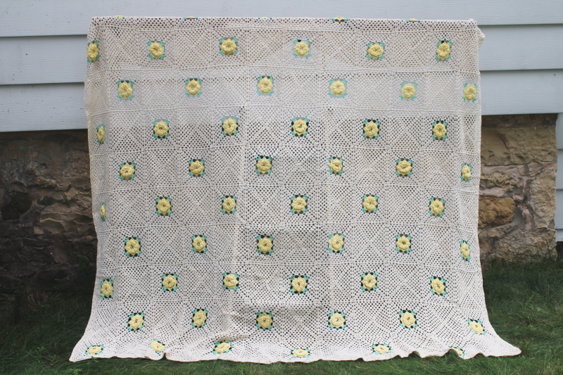 photo of vintage handmade cotton crochet lace bedspread, granny squares yellow roses on ivory white  #1