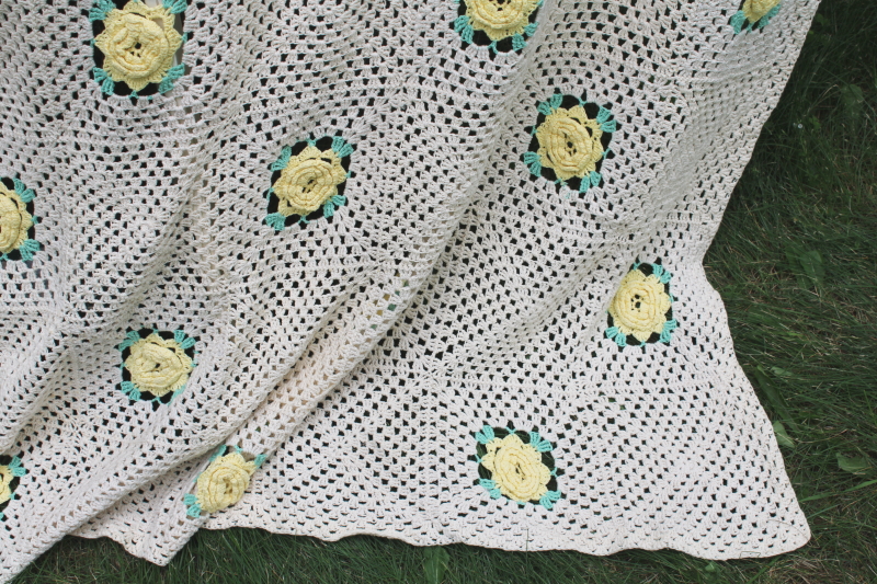 photo of vintage handmade cotton crochet lace bedspread, granny squares yellow roses on ivory white  #4