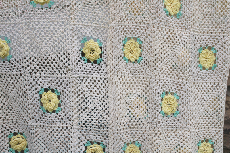 photo of vintage handmade cotton crochet lace bedspread, granny squares yellow roses on ivory white  #5