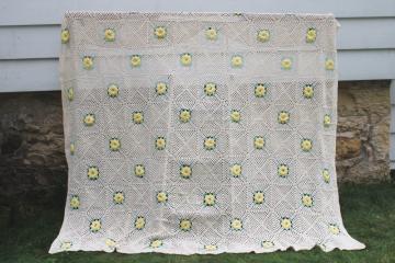 vintage handmade cotton crochet lace bedspread, granny squares yellow roses on ivory white 