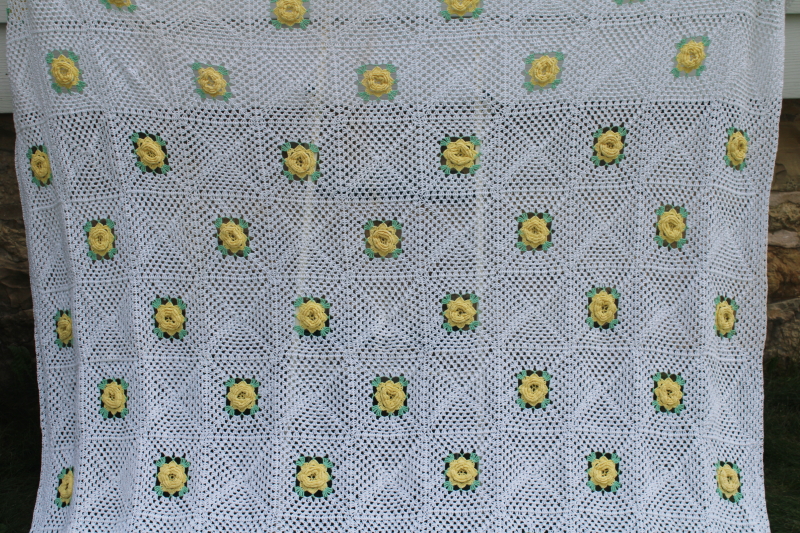 photo of vintage handmade cotton crochet lace bedspread queen size, granny squares yellow roses on white  #2