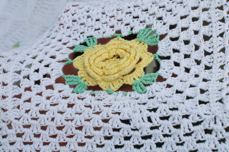 photo of vintage handmade cotton crochet lace bedspread queen size, granny squares yellow roses on white  #4