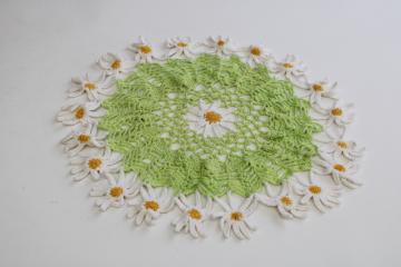 catalog photo of vintage handmade crochet lace doily, daisy chain ring of flowers colored cotton thread