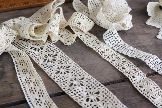 photo of vintage handmade crochet lace edgings & insertion, salvaged antique sewing trims #2