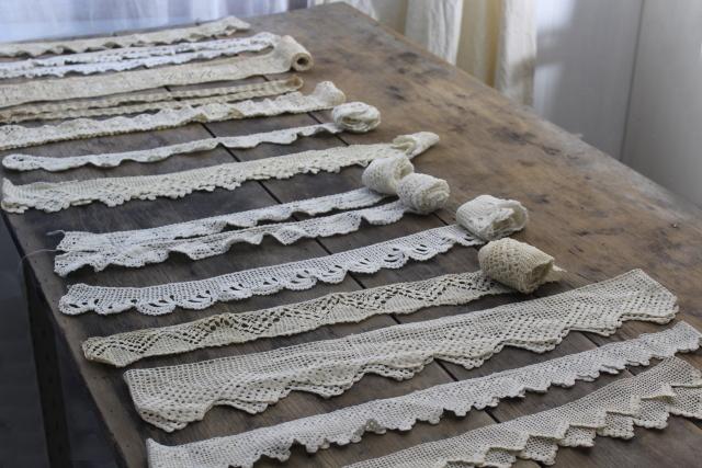 photo of vintage handmade crochet lace edgings & insertion, salvaged antique sewing trims #1