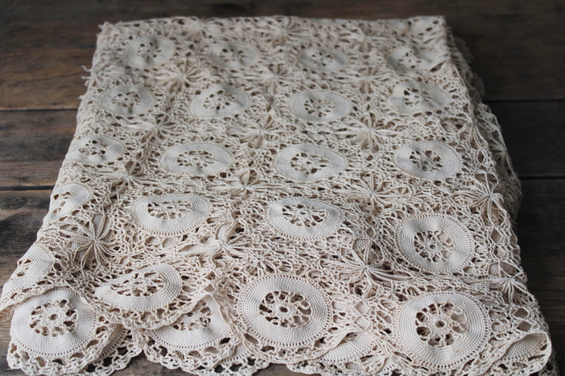 photo of vintage handmade crochet lace tablecloth ecru cotton thread lace flower motifs #2