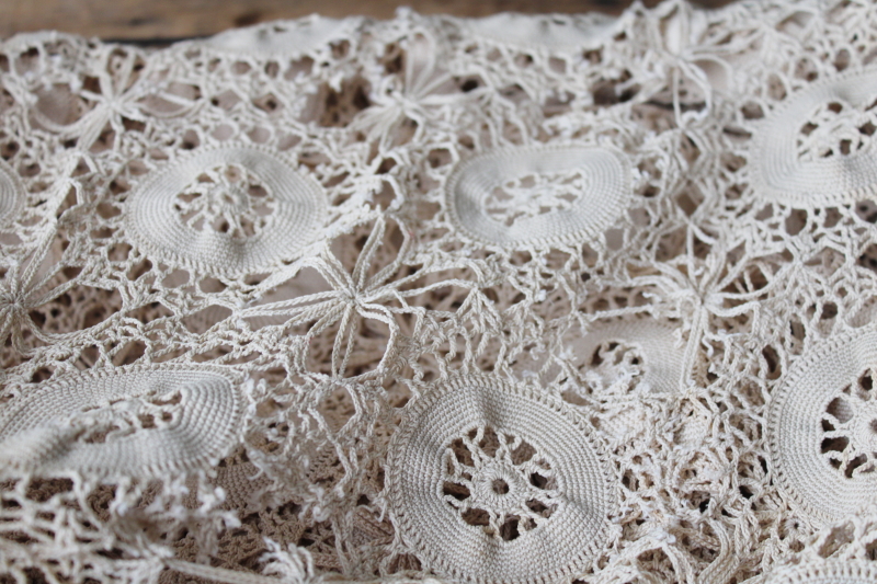 photo of vintage handmade crochet lace tablecloth ecru cotton thread lace flower motifs #3
