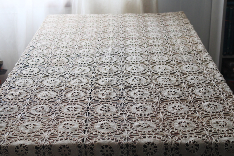photo of vintage handmade crochet lace tablecloth ecru cotton thread lace flower motifs #4