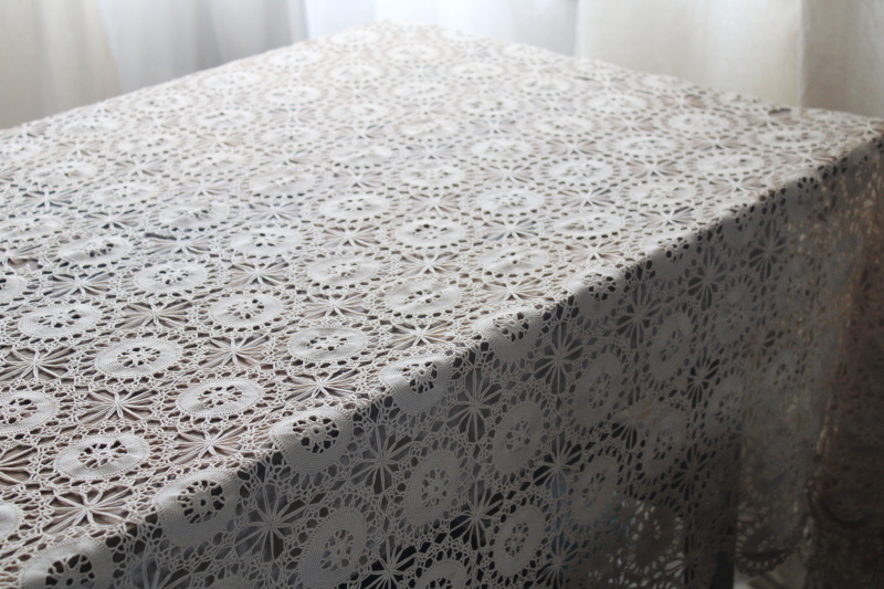 photo of vintage handmade crochet lace tablecloth ecru cotton thread lace flower motifs #5