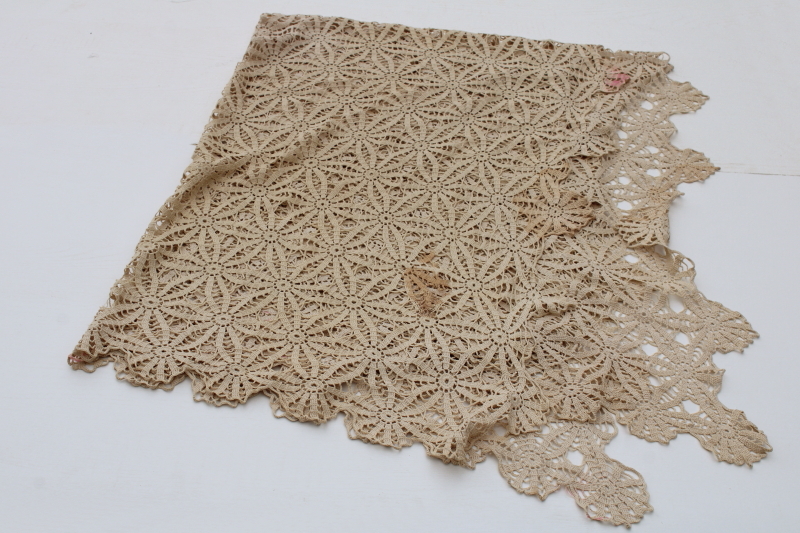 photo of vintage handmade crochet lace tablecloth, flax colored cotton thread lace shabby chic #1
