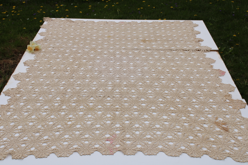 photo of vintage handmade crochet lace tablecloth, flax colored cotton thread lace shabby chic  #2