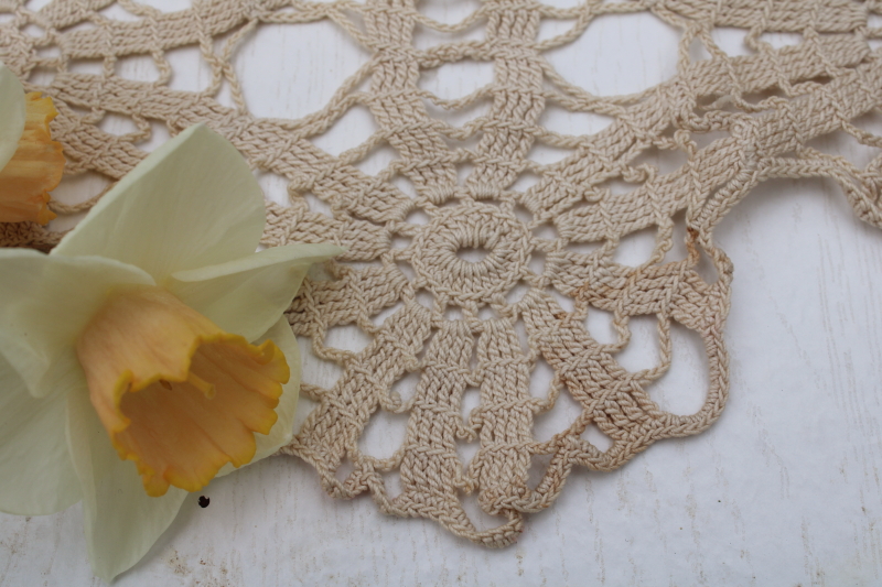 photo of vintage handmade crochet lace tablecloth, flax colored cotton thread lace shabby chic  #3