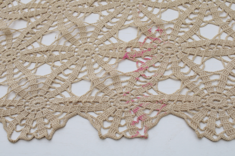 photo of vintage handmade crochet lace tablecloth, flax colored cotton thread lace shabby chic  #4