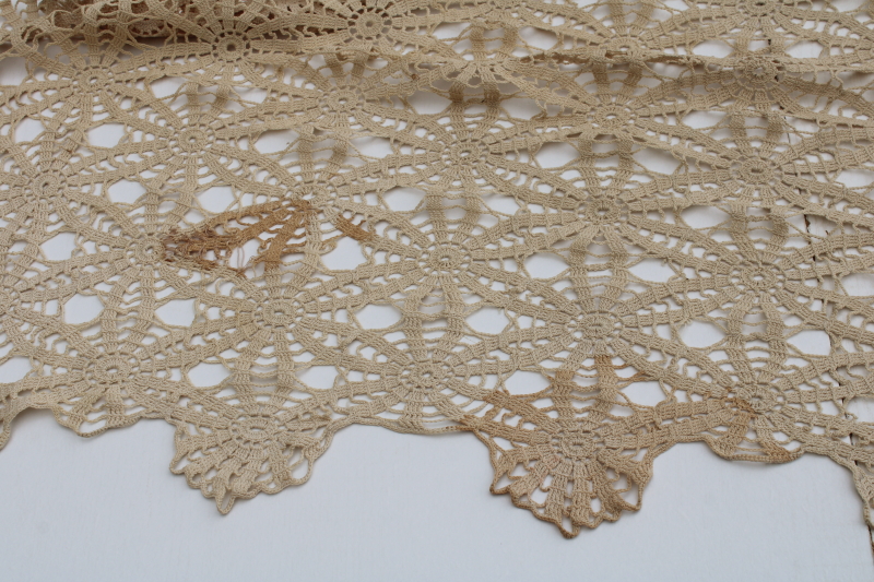 photo of vintage handmade crochet lace tablecloth, flax colored cotton thread lace shabby chic  #5