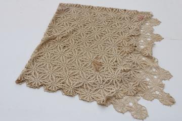 vintage handmade crochet lace tablecloth, flax colored cotton thread lace shabby chic 