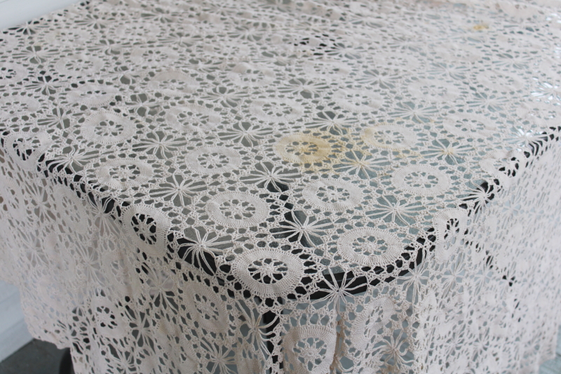 photo of vintage handmade crochet lace tablecloth, shabby chic french country style #1