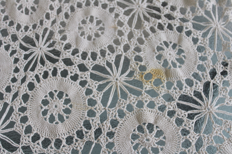 photo of vintage handmade crochet lace tablecloth, shabby chic french country style #2