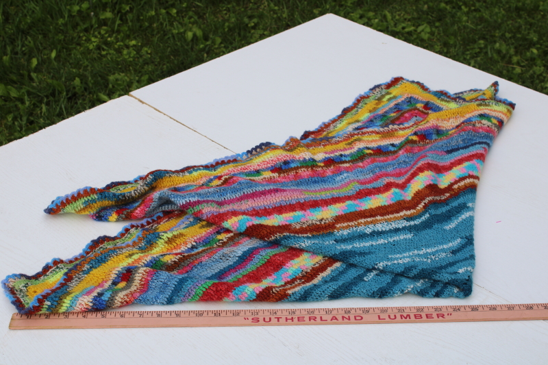 photo of vintage handmade crochet throw or shawl, soft light stretchy wrap or mini blanket, rainbow colors  #5
