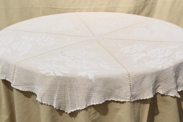 photo of vintage handmade crocheted lace tablecloth, round table cover doily daisies filet crochet #2