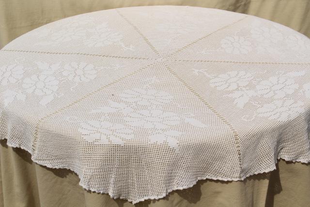 photo of vintage handmade crocheted lace tablecloth, round table cover doily daisies filet crochet #3