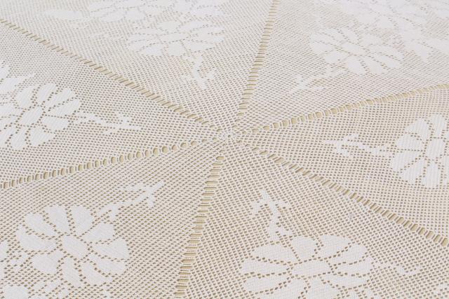 photo of vintage handmade crocheted lace tablecloth, round table cover doily daisies filet crochet #4