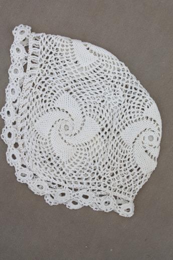 photo of vintage handmade lace christening bonnet, cotton crochet lace bonnet baby cap #1