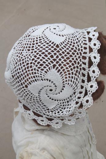 photo of vintage handmade lace christening bonnet, cotton crochet lace bonnet baby cap #2