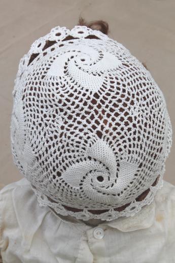 photo of vintage handmade lace christening bonnet, cotton crochet lace bonnet baby cap #3