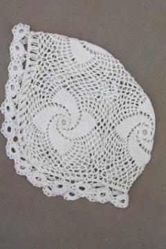 catalog photo of vintage handmade lace christening bonnet, cotton crochet lace bonnet baby cap