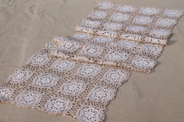 photo of vintage handmade lace table runner or dresser scarf, white crochet lace flowers on ecru #1