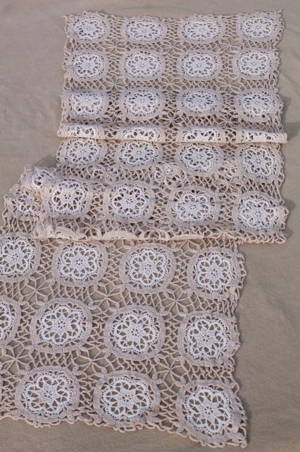 photo of vintage handmade lace table runner or dresser scarf, white crochet lace flowers on ecru #2