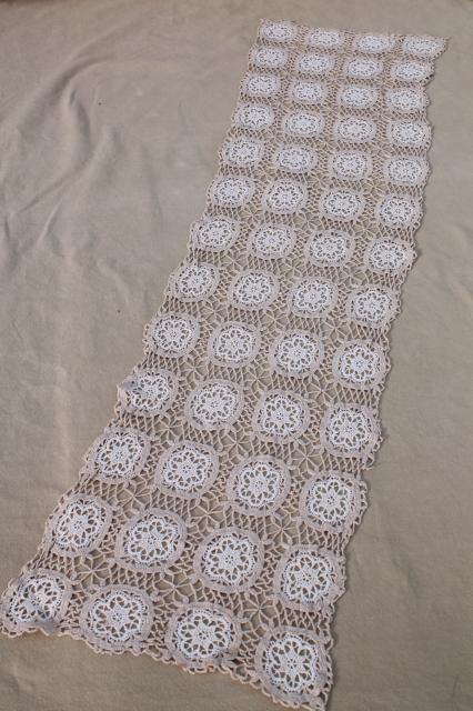 photo of vintage handmade lace table runner or dresser scarf, white crochet lace flowers on ecru #3