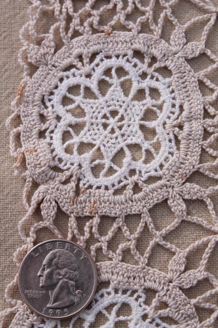 photo of vintage handmade lace table runner or dresser scarf, white crochet lace flowers on ecru #7