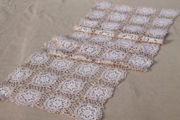 catalog photo of vintage handmade lace table runner or dresser scarf, white crochet lace flowers on ecru