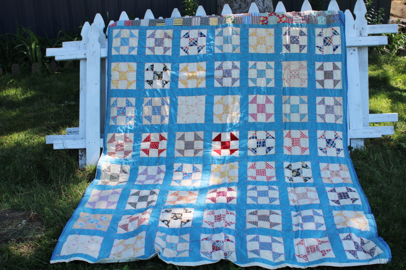 photo of vintage handmade patchwork quilt, windmill blocks nice old cotton print fabrics #1