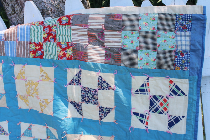 photo of vintage handmade patchwork quilt, windmill blocks nice old cotton print fabrics #3