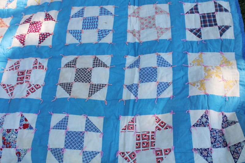 photo of vintage handmade patchwork quilt, windmill blocks nice old cotton print fabrics #4