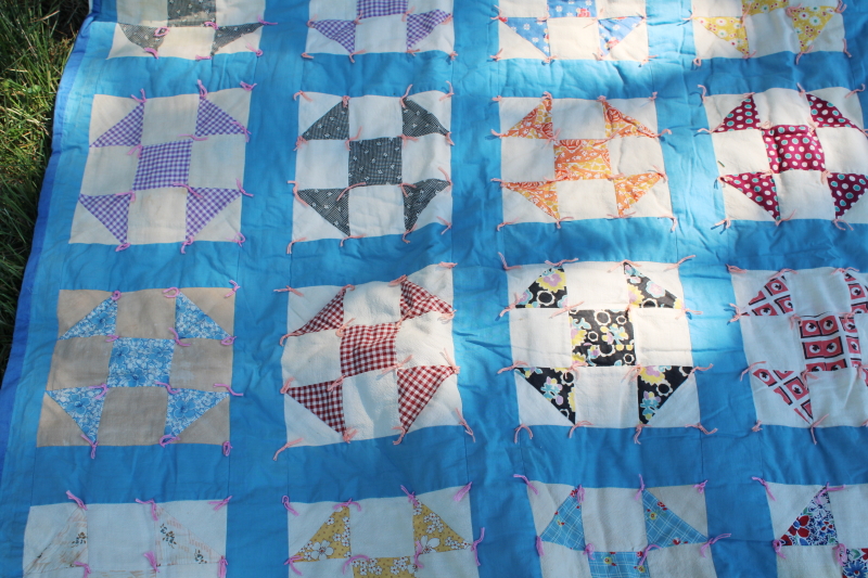 photo of vintage handmade patchwork quilt, windmill blocks nice old cotton print fabrics #5