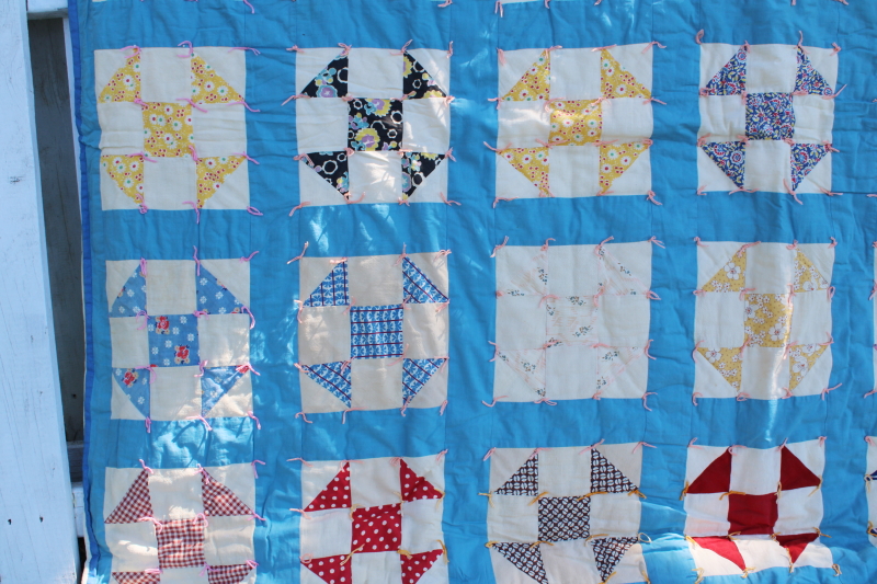 photo of vintage handmade patchwork quilt, windmill blocks nice old cotton print fabrics #6